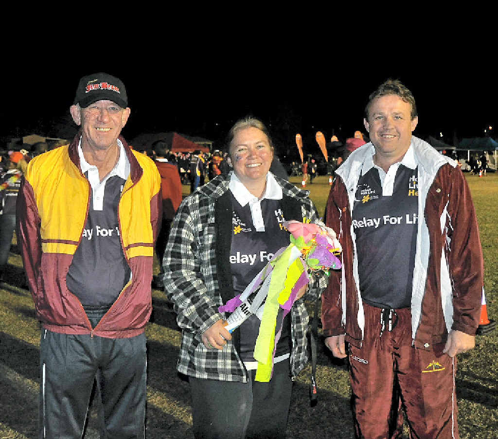 Warwick Daily News staff members Peter Schmidt, Jenny Alker and Geordie Beckhouse complete laps during the Warwick Relay for Life. Warwick Daily News staff members Peter Schmidt, Jenny Alker and Geordie Beckhouse complete laps during the Warwick Relay for Life.